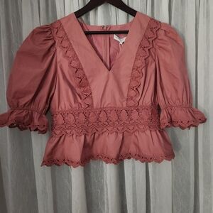 NWT Endless Rose Dusty Mauve Lace-Elbow Length Sleeves-Crop Top-Size L
